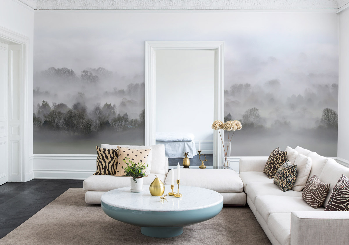 Rebel Walls Mural Morning Fog Wandtattoo in Grau mit Naturlandschaft und abstraktem Design - Bild 1