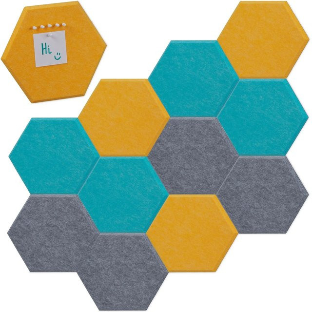 Relaxdays Filzpinnwand Sechsecke im 12er Set, selbstklebend, Farben: Blau, Gelb, Grau, B/T/H: 26 x 30 x 0,9 cm - Bild 1