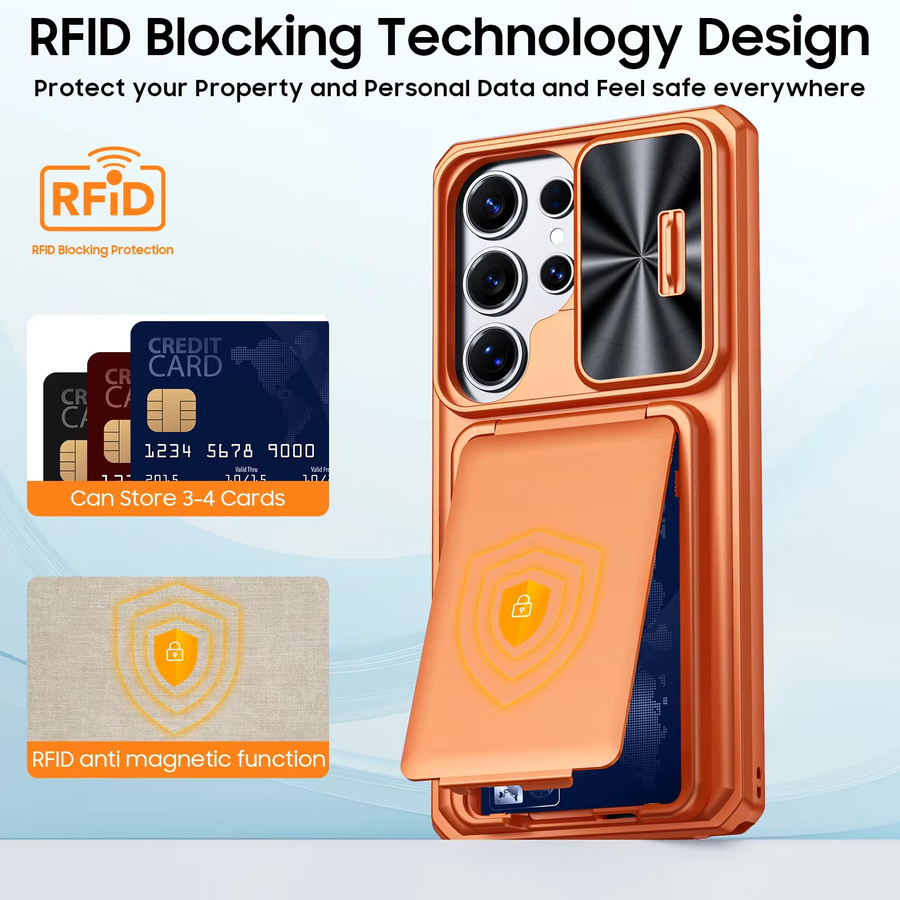 BANGZAO Handyhülle für Samsung Galaxy S25 Ultra mit Ständer, Kartenhalter mit RFID-Schutz und Kameralinsenabdeckung, Orange - Bild 6