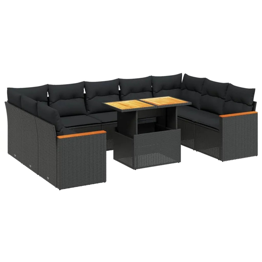 vidaXL 10-tlg. Garten-Sofagarnitur in L-Form aus Poly-Rattan und Akazienholz mit Kissen, Schwarz - Bild 2