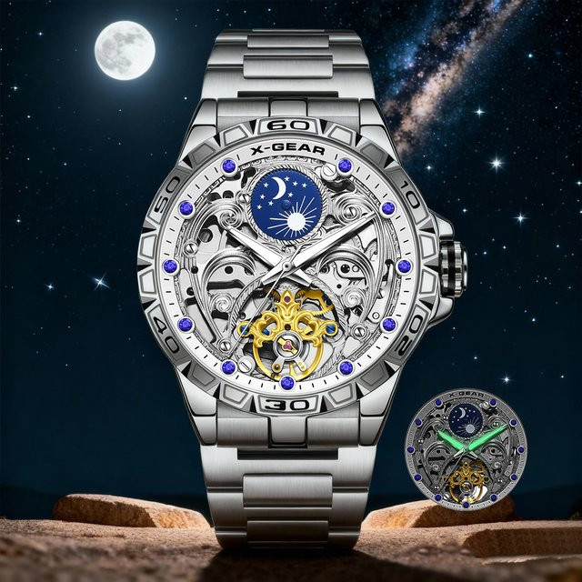 X-GEAR Armbanduhr, mechanisches Uhrwerk, Edelstahl, Silber, Herren - Bild 1