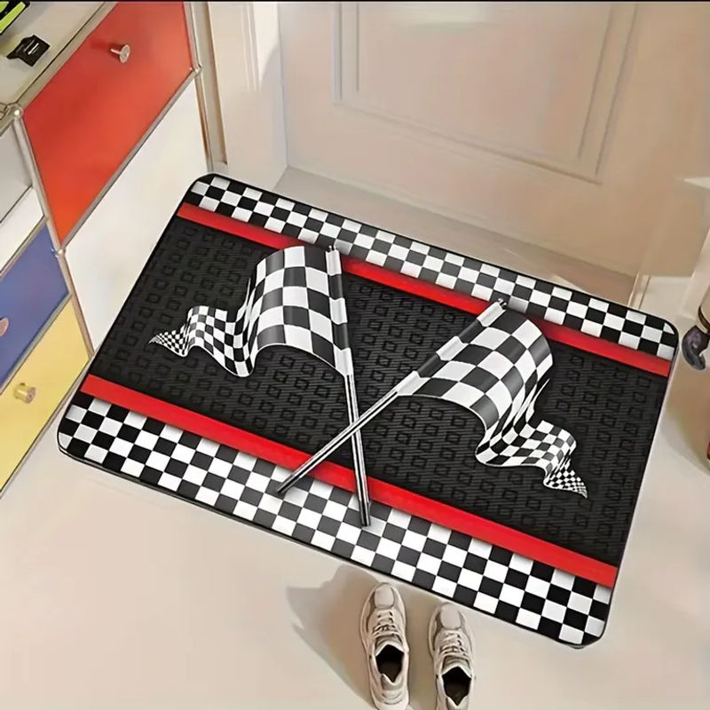 VIKAMA Rennsport-Themenmatte mit schwarz-weiß kariertem Flaggen-Print, rutschfest und maschinenwaschbar, Schwarz-Weiß - Bild 2
