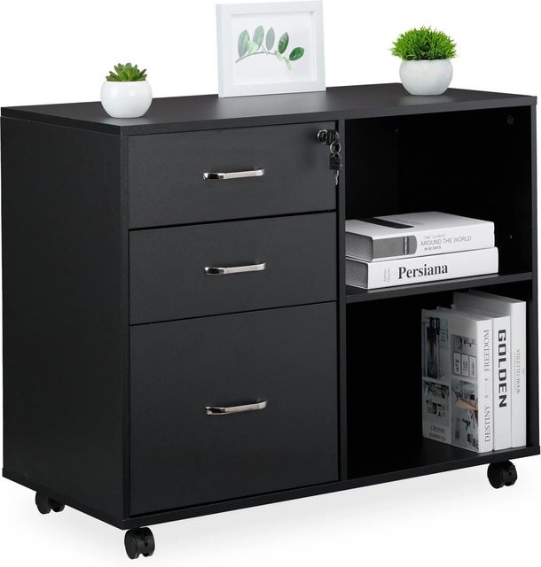 Relaxdays Rollcontainer aus Holzwerkstoff und Metall in Schwarz, abschließbar mit Rollen, B/T/H: 80 x 40 x 66 cm - Bild 1