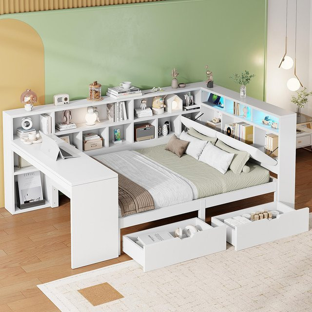 KOMHTOM L-förmiges Plattformbett in Weiß mit Schreibtisch, Bücherregal, Kopfteil, Schubladen und LED-Beleuchtung, Breite: 140 cm, Länge: 200 cm - Bild 1