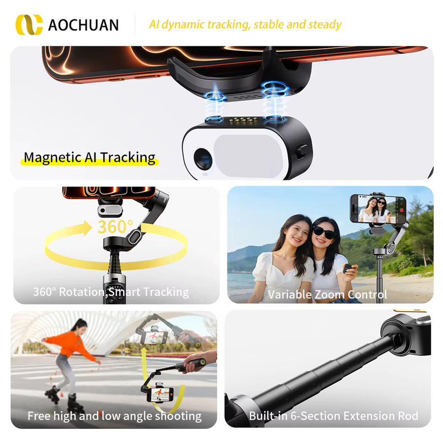 AOCHUAN Smart V3 3-Achsen-Gimbal-Stabilisator in Schwarz mit integrierter Verlängerungsstange, abnehmbarer Fernbedienung, KI-Tracking und Aufhellungslicht für Vlog-Aufnahmen - Bild 2