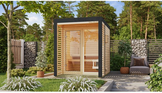 Karibu Saunahaus Seros 1 aus Fichte in Naturbelassen und Anthrazit mit 9 kW Bio Ofen und externer Steuerung - Bild 1