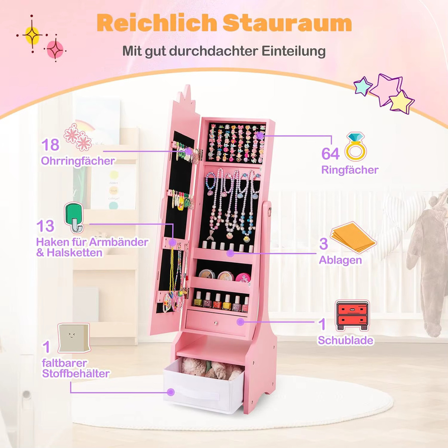 GOFLAME Kinderschmuckschrank als 2-in-1 Spiegelschrank mit Schmuckständer, Rosa/Weiß, H x B x T: 115 x 31,5 x 30 cm - Bild 2