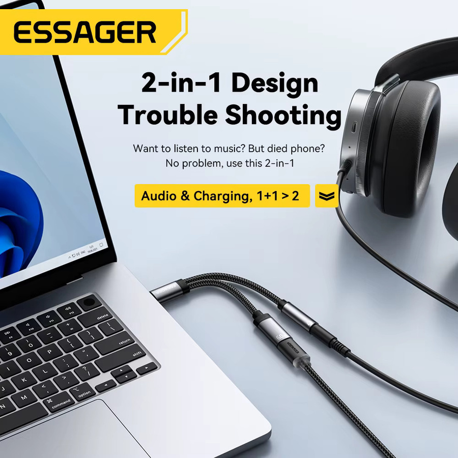 ESSAGER 2-in-1 USB-C Audioladegerät-Adapter mit 3,5-mm-Klinkenanschluss und PD 60 W Schnellladung für iPhone, Android, Tablet und PC - Bild 2