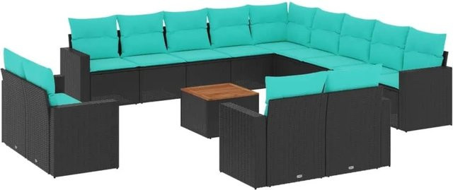 vidaXL 14-tlg. Garten-Sofagarnitur aus Poly-Rattan und Akazienholz in Schwarz mit Kissen - Bild 1