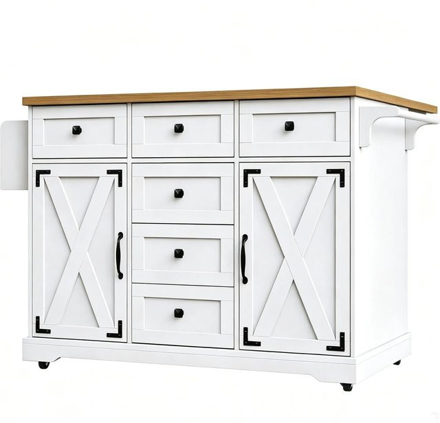 okwish Kücheninsel mit Rollen und großem Stauraum, Servierwagen in Weiß, B/T/H: 147 x 70 x 93 cm - Bild 1