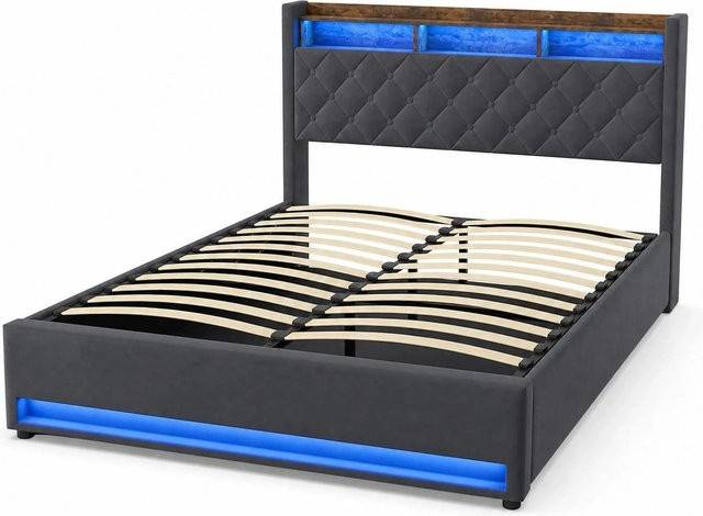 okwish Polsterbett mit LED-Beleuchtung, USB-Anschluss und Matratze in Grau, B/T/H: 160 x 200 x 216 cm - Bild 1