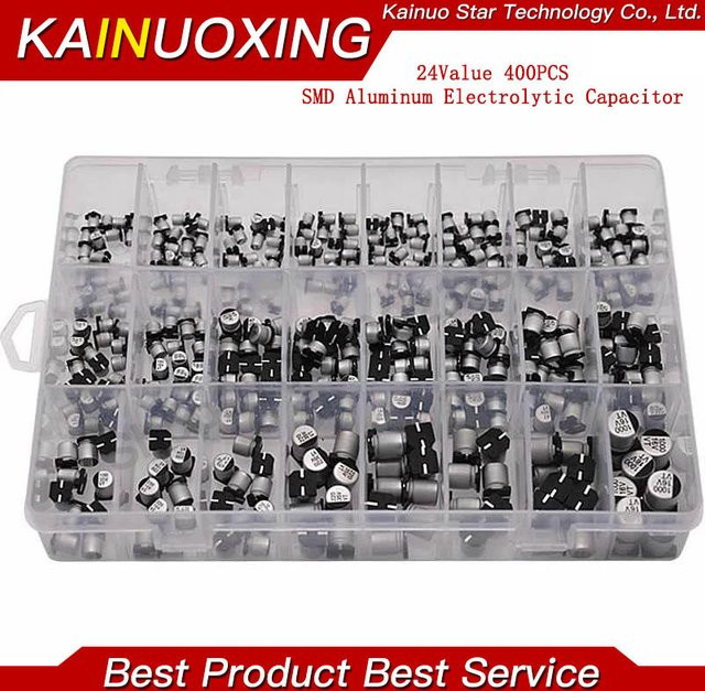 KAINUOXING SMD Aluminium-Elektrolytkondensator Sortiment-Set mit Aufbewahrungsbox, 400 Teile, 24 Werte, 1 uF bis 1000 uF, 6,3 V bis 50 V, Schwarz - Bild 1