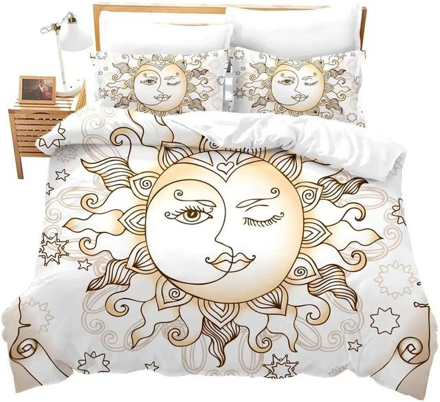 Bettwäscheset JMG Household Supplies mit Goldener Sonne und Mond im Boho Design, Bettbezug und Kissenbezug aus Mikrofaser, Farbe Gold/Weiß, B/H: 135 x 200 cm - Bild 1
