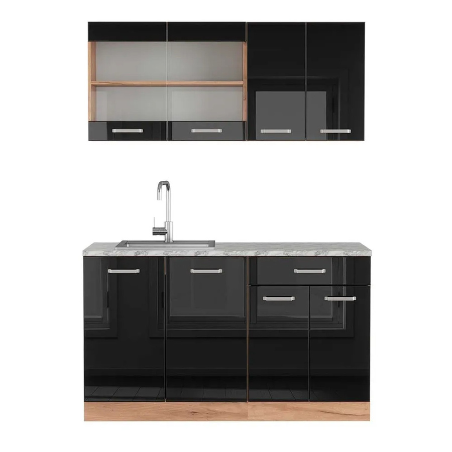 Vicco R-Line Singleküche Schwarz Hochglanz und Goldkraft Eiche mit Marmor-Arbeitsplatte, Breite: 140 cm - Bild 2