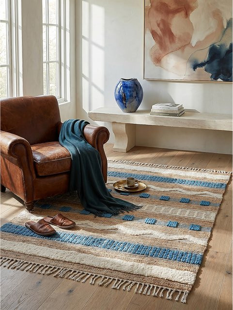Kadima Design Teppich WHARFE gestreift in Natur-Blau mit High-Low-Effekt aus Jute, Wolle und Baumwolle, B: 120 cm, T: 170 cm - Bild 1