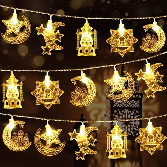ZQNYCY LED Lichterkette Ramadan Dekoration mit Mond, Stern und Laterne in Gold/Messing, Warmweiß, Länge: 1,5 m - Bild 1