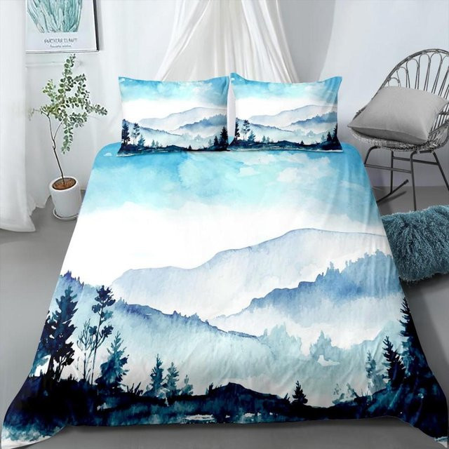 Bettwäscheset Naturlandschaft mit 3D-Berg- und Waldmotiv von Binchi Outdoor Product, Blau, B/H: 135 x 200 cm - Bild 1