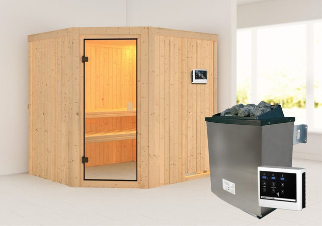 Woodfeeling Sauna Bodo in Braun mit 9,0 kW Ofen, externem Steuergerät und bronzierter Glastür, B/T/H: 198 x 196 x 178 cm - Bild 1