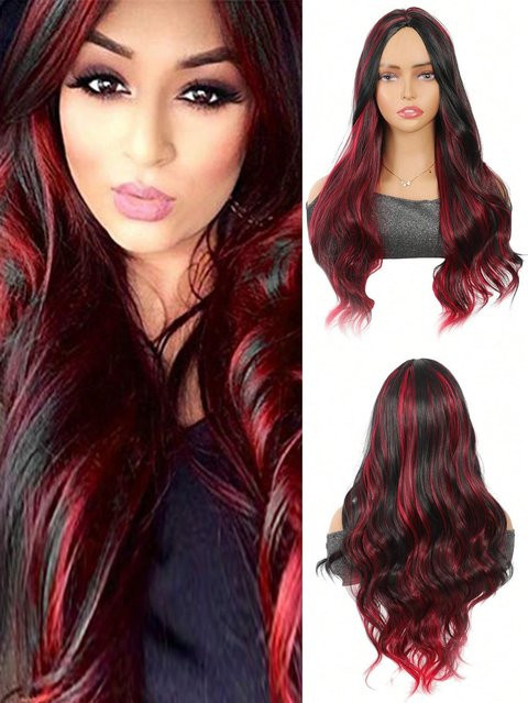 Bybrana Perücke, synthetisch, lang gewellt, Ombre Schwarz-Pink, 28 Zoll, mit Pony, Damen - Bild 1