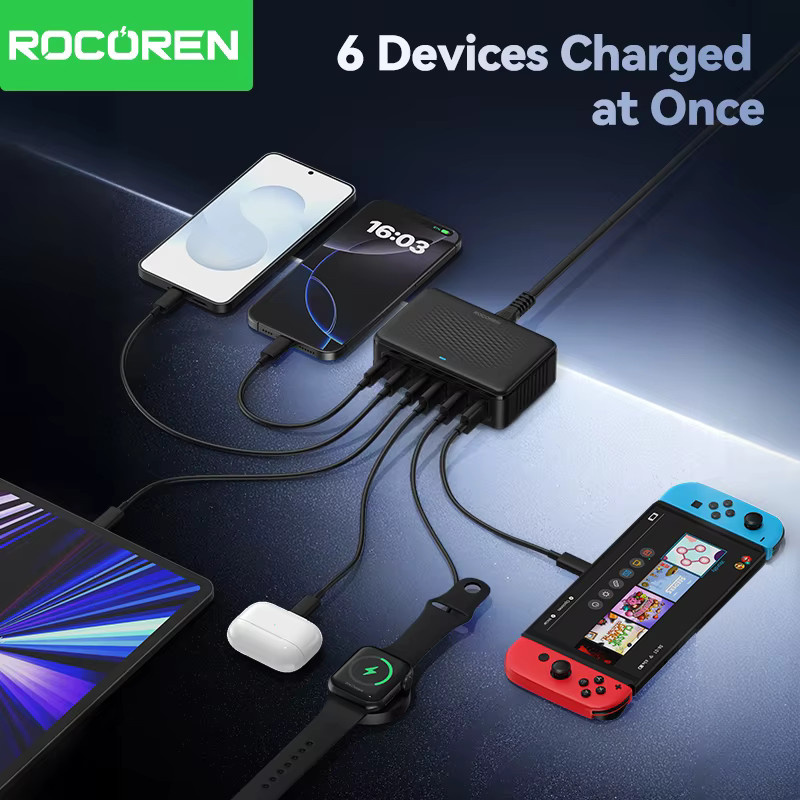 Rocoren USB-Ladegerät 100W GaN Desktop-Schnellladestation mit 6 Ports in Schwarz - Bild 2