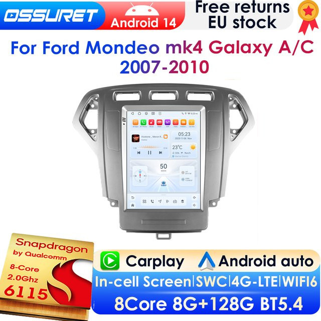 OSSURET Android 14 Autoradio mit 9,7 Zoll Vertikalbildschirm für Ford Mondeo mk4 und Galaxy A/C 2007-2010, Multimedia-Player mit GPS, Wireless Carplay, Android Auto, 4G, Bluetooth und 360-Grad-Kamera, Schwarz - Bild 1