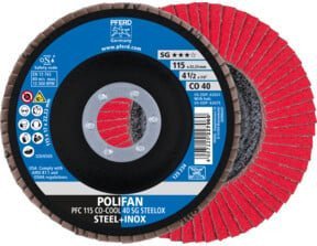PFERD TOOLS POLIFAN Fächerscheibe PFC CO-COOL konisch, Durchmesser: 115 mm, Bohrung: 22,23 mm, Farbe: Rot, geeignet für Stahl und Edelstahl - Bild 1