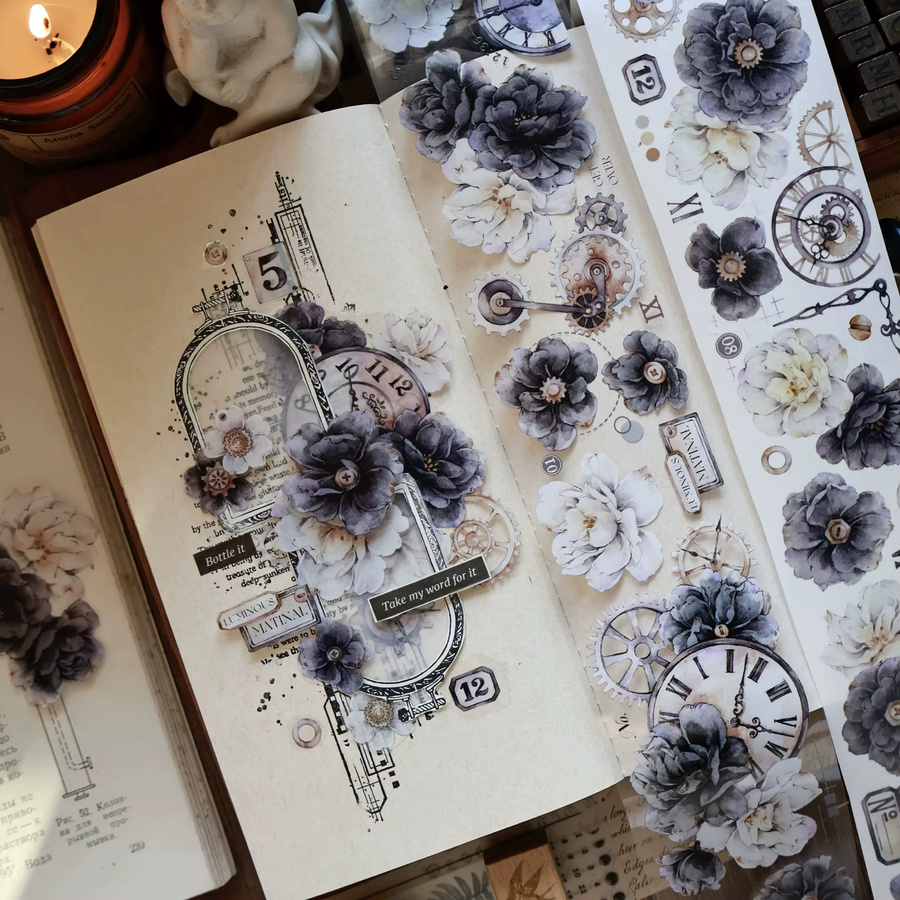 YiEr Studio Washi Tape Vintage Design mit grauen und weißen Blumen für Scrapbooking und DIY-Planer - Bild 3