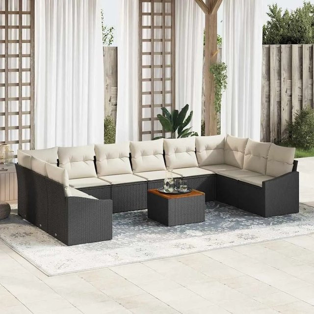 vidaXL Garten-Sofa-Set aus Poly Rattan in Schwarz mit Kissen, 11-teiliges U-Shape Lounge-Set mit Tisch - Bild 1