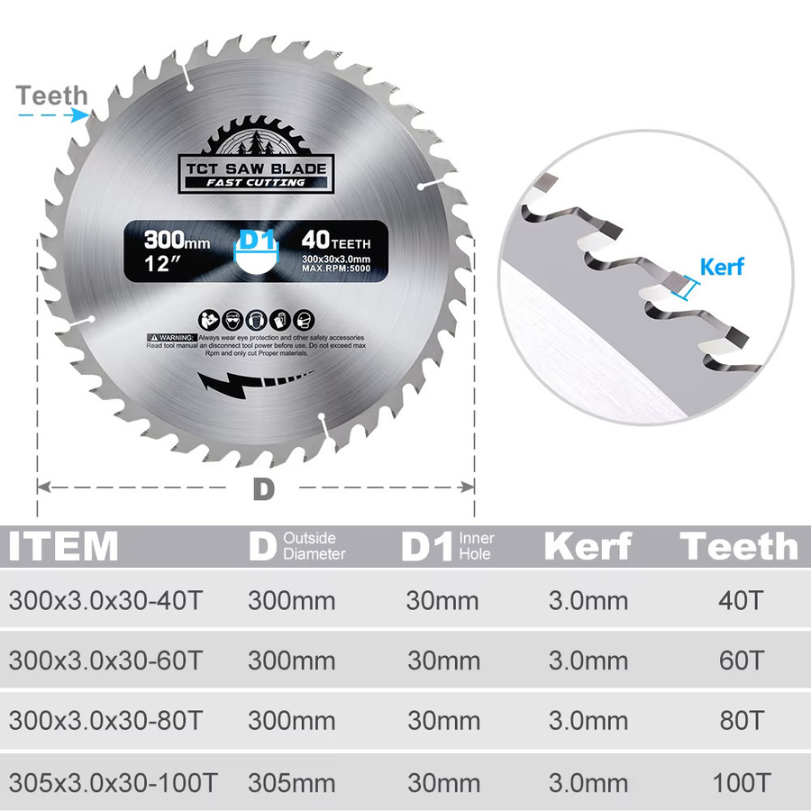 XCAN TCT-Kreissägeblatt für Holz mit Hartmetallbestückung, Durchmesser: 300 mm, Bohrung: 30 mm, Farbe: Silber - Bild 2