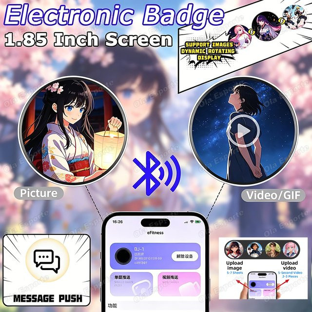 Ola Esporte Elektronisches Abzeichen mit HD-Touchscreen als digitale Fotoanzeige und Anime-Pin in Schwarz und Multicolour für Rucksäcke (Unisex) - Bild 1