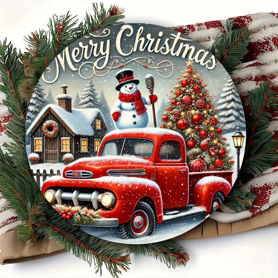 Rustikales Frohe Weihnachten Wandschild von Potdemiel aus Metall und Eisen mit Schneemann und rotem LKW, Durchmesser: 20,3 cm - Bild 5