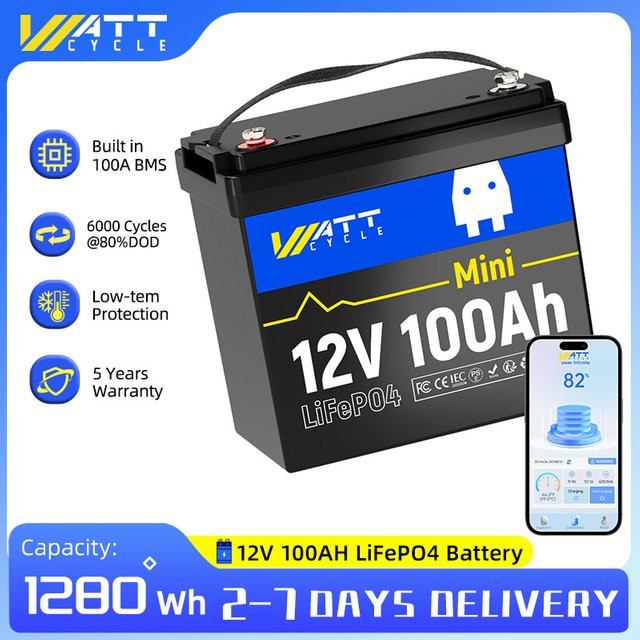 Wattcycle 12V 100Ah LiFePO4 Batterie mit Bluetooth, 1280Wh Kapazität, integriertes 100A BMS und Niedertemperaturschutz, Farbe: Schwarz - Bild 1