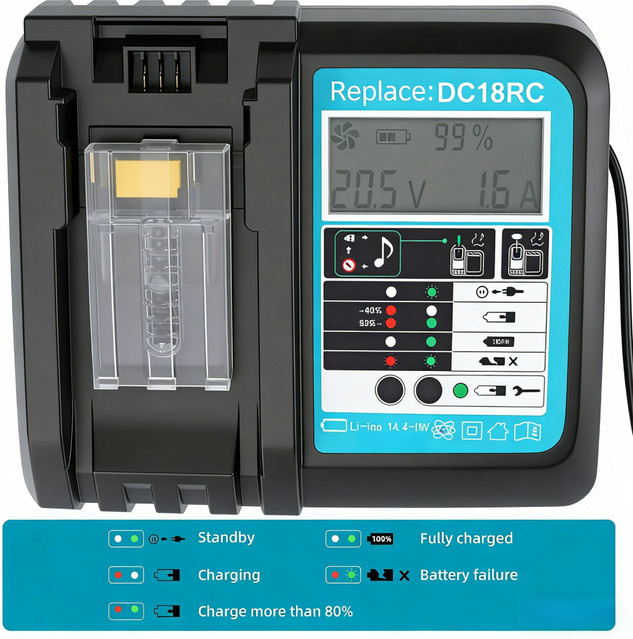 Aleaivy DC18RC 3A Schnellladegerät in Schwarz für 18V und 14,4V Li-Ionen-Akkus (Kompatibel mit BL1860B, BL1850B, BL1840B, BL1440B) - Bild 1