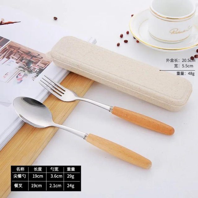 Edelstahl-Tischbesteck-Dreierset von Yiran Furniture mit Holzgriff in Beige bestehend aus Essstäbchen, Gabel und Löffel - Bild 1