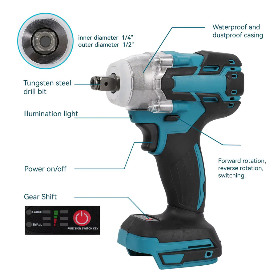 Makita Bürstenloser kabelloser elektrischer Schlagschrauber mit 520 N.m Drehmoment, 1/2 Zoll Antrieb, kompatibel mit Makita 18V Akku, Blau - Bild 5