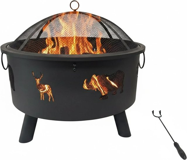 Relaxdays Feuerschale aus Stahl in Schwarz mit Funkenschutz und Schürhaken, Durchmesser: 62 cm, Höhe: 66 cm - Bild 1