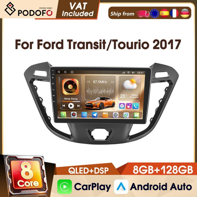 Podofo 9-Zoll Android Autoradio für Ford Transit 2017 und Tourneo mit 8-Kern Prozessor, 8+128GB Speicher, 4G, WIFI, GPS, CarPlay und Android Auto, Schwarz - Bild 1
