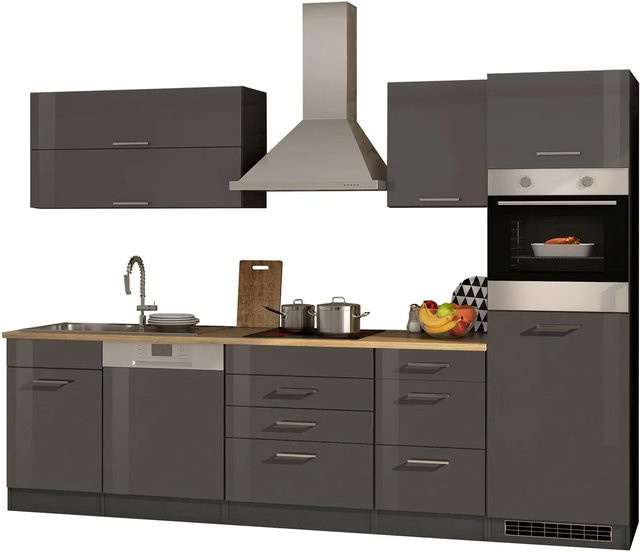 Küchenzeile Held Möbel Mailand in Grau Hochglanz mit Elektrogeräten Breite: 300 cm, Tiefe: 60 cm, Höhe: 200 cm - Bild 1
