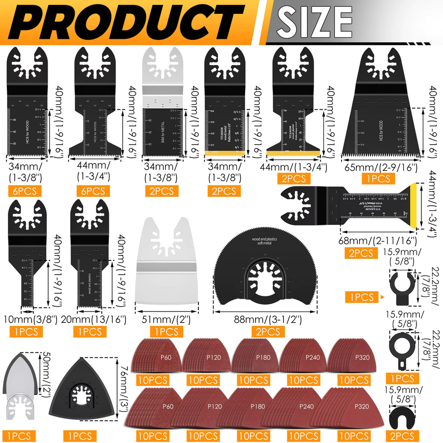 Toorise 128-teiliges Oszillierendes Werkzeug Set mit Bi-Metall Sägeblättern, Schabern, Schleifpapier und Schleifscheiben inklusive Adapter - Bild 6