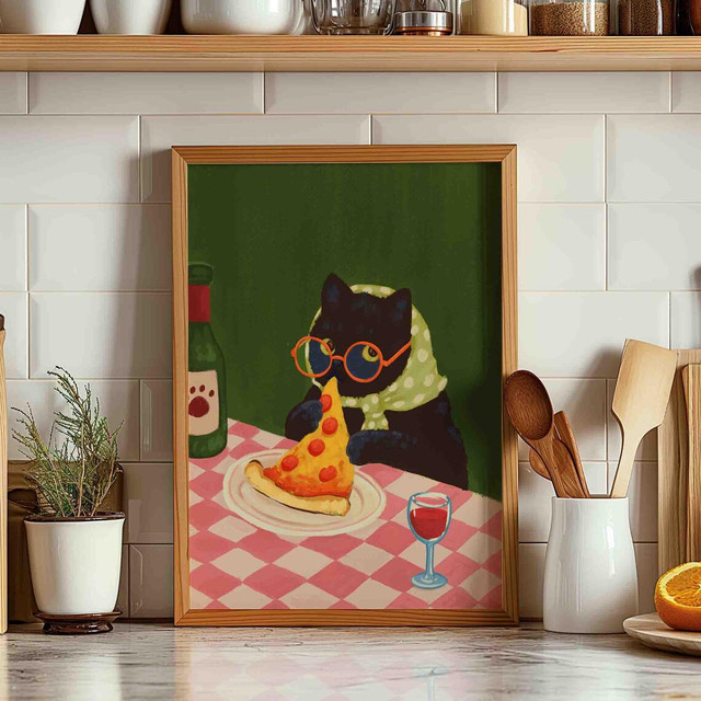 Cozy Diner Cat Wandkunst von SHENCHEN – Retro Paper Poster mit Katzenmotiv in Pink und Grün - Bild 1
