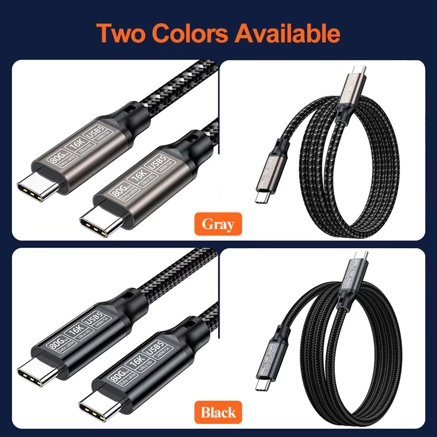 Letusoon USB5 USB C Kabel mit 80 Gbit/s, 240 W Schnellladefunktion und Unterstützung für 16K60Hz sowie 8K120Hz, kompatibel mit Thunderbolt 5, in Schwarz oder Grau - Bild 6