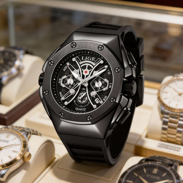 LIGE Armbanduhr Edelstahl, Quarz, Schwarz, Silber, Herren - Bild 1