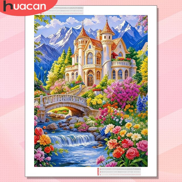 HUACAN Diamantkunst Haus-Landschaft mit Rosenblumen als Diamant-Mosaik-Gemälde, Mehrfarbig, B/H: 30,0 x 20,0 cm - Bild 1