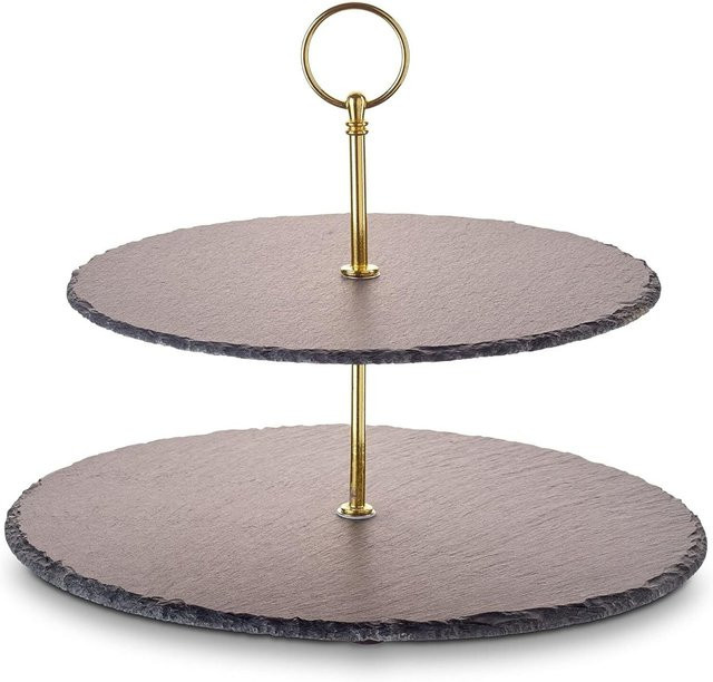 ECHTWERK Schiefer Etagere 2-stöckig mit rundem Griff in Gold, B/H/T: 30 x 40 x 40 cm - Bild 1