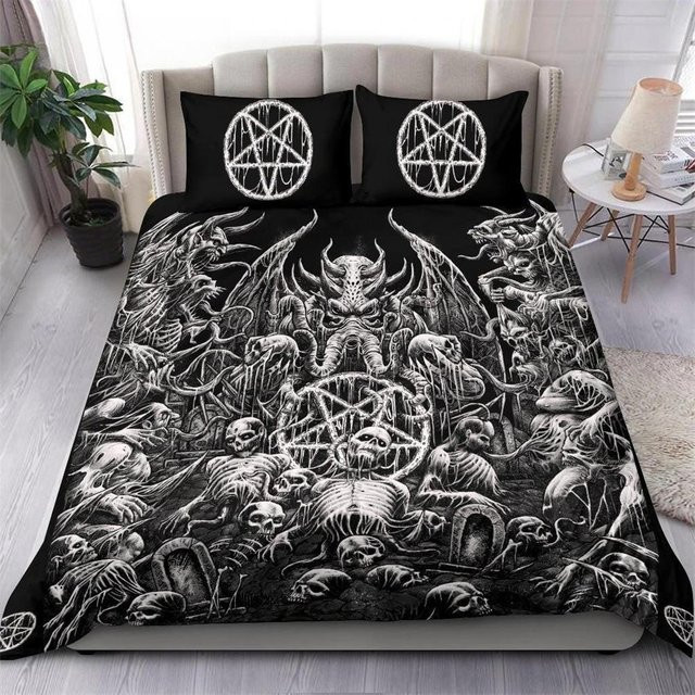 Bettwäscheset Lodestar mit Baphomet Motiv, Totenkopf und Ziegenkopf, Bettbezug und Kissenbezug aus Mikrofaser, B/H: 200 x 230 cm - Bild 1