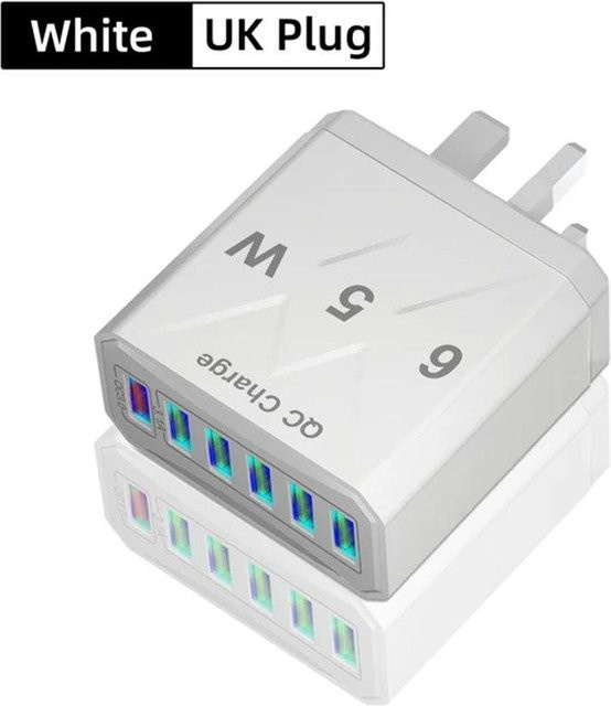 Vumpach 65W 6-Port USB-Ladegerät mit QC3.0 Schnellladung, Reise-Adapter für iPhone, Samsung und Xiaomi, Farbe: Weiß - Bild 1
