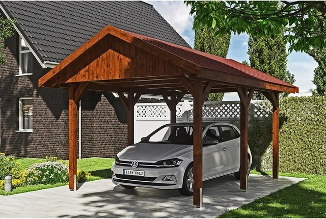 SKANHOLZ Carport Wallgau Satteldach in Nussbaum mit roten Schindeln, B/T: 380 x 500 cm, Höhe: 313 cm - Bild 1