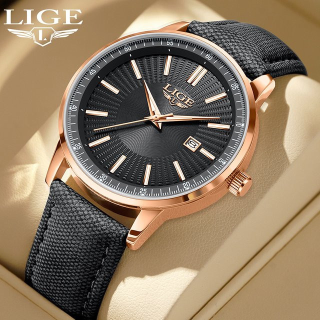 LIGE Armbanduhr, Chronograph, Quarz, Leder, Schwarz, Roségold, Herren - Bild 1