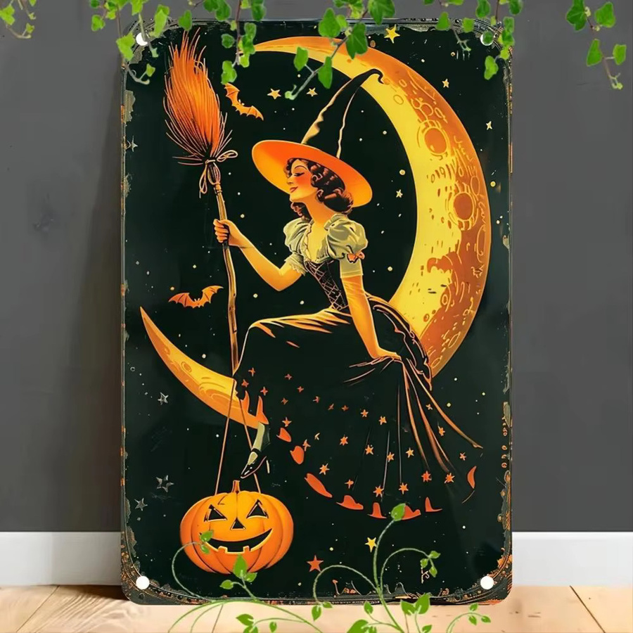 CIFBUY Vintage Halloween Metallblechschild mit Hexen- und Mondmotiv, Multicolor, B: 30,48 cm, H: 20,32 cm - Bild 3