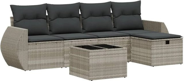 vidaXL 6-tlg Garten-Sofagarnitur in L-Form aus Poly Rattan mit Kissen und Glastisch in Grau - Bild 1